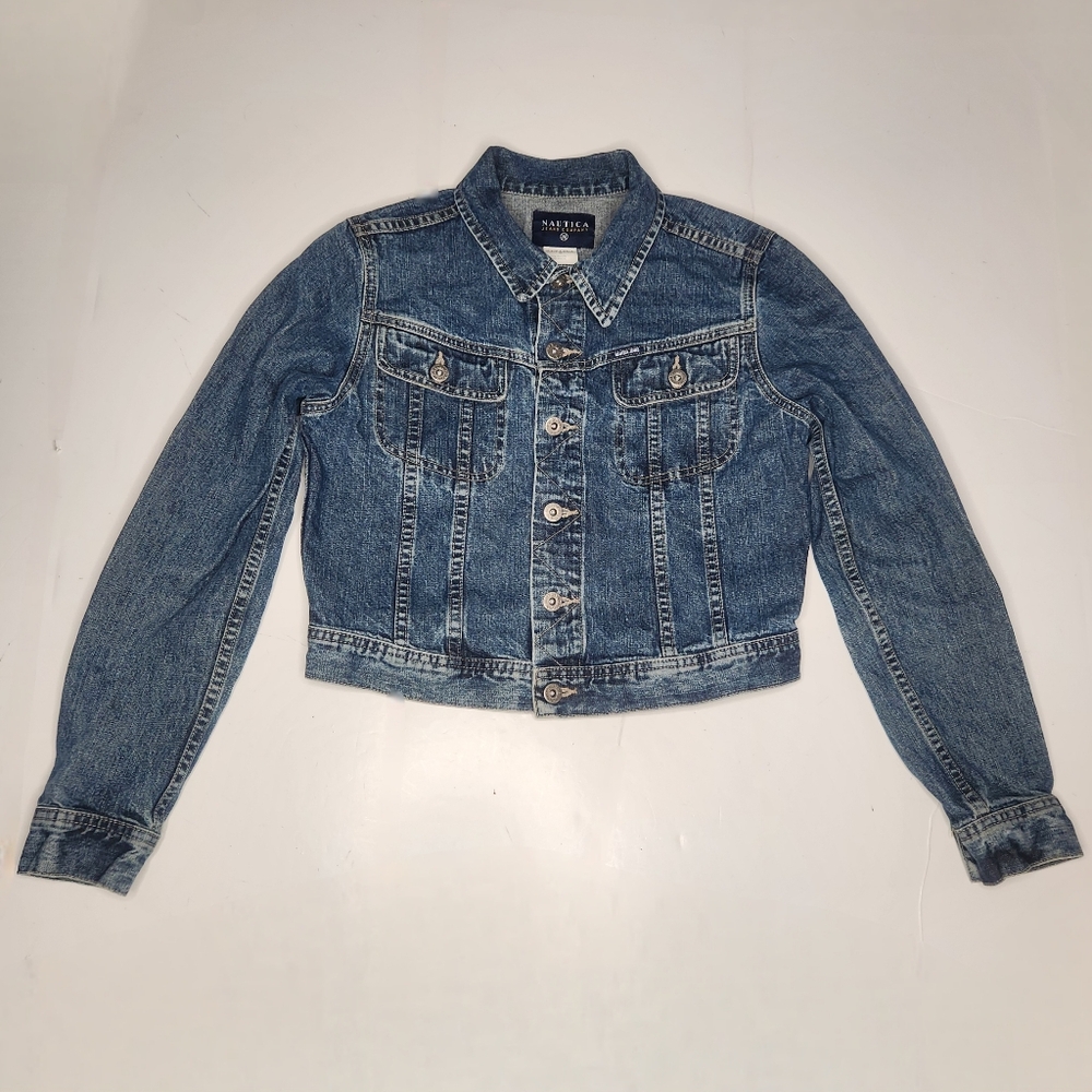 Vintage Nautica Cropped Jean Trucker Jacket Size Medium Blue USA Y2k 90s